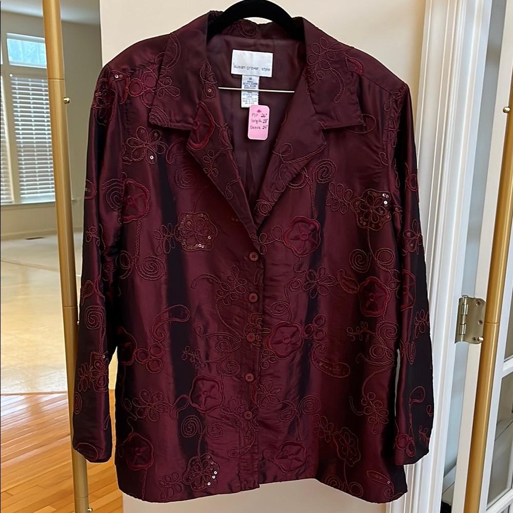 Susan Graver Burgundy sequined & Embroidered jacket